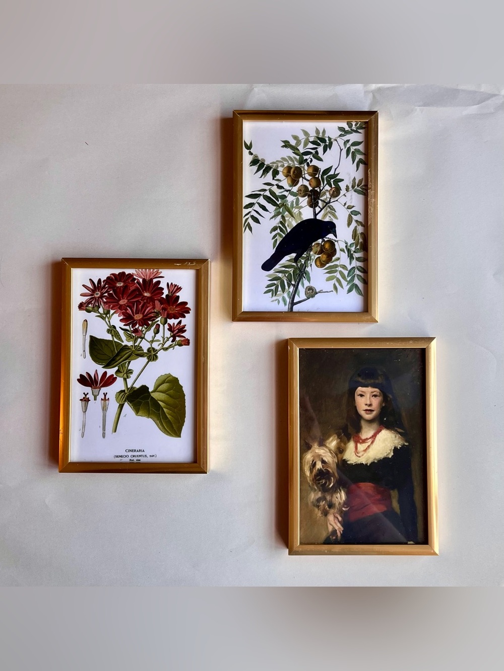 Vintage Mixed Metal Gold Tone Resin Picture Frames w/ Fine Art Prints-Set of 3